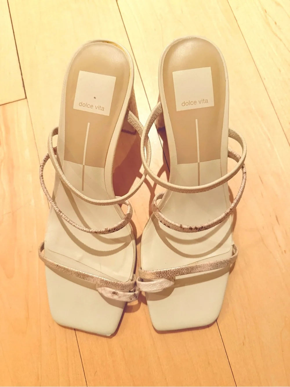 Dolce Vita Prisma- Strappy Metallic Cream Block Heel Sandals - 8